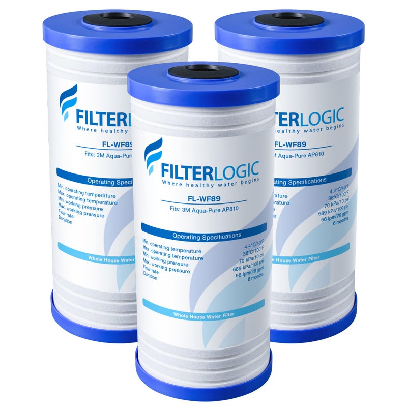 Filterlogic AP810 Whole House Water Filter, Replacement for 3MÂ® Aqua-Pure AP810, AP801, AP811, WhirlpoolÂ® WHKF-GD25BB, WHKF-DWHBB, 5 Micron, 10" x 4.5", Well & Tap Water Filter, Pack of 3 - Image 1